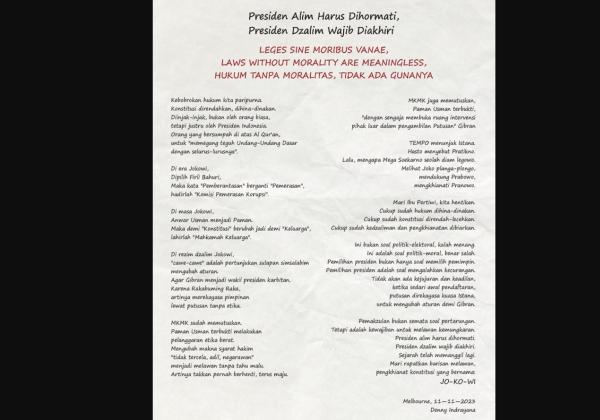 Puisi Denny Indrayana: 'Presiden Alim Harus Dihormati, Presiden Dzalim Wajib Diakhiri' Pengkhianat Konstitusi Bernama Jokowi
