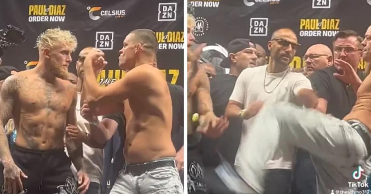 Faceoff Nate Diaz vs Jake Paul, Kaki Diaz Hampir Mendarat di Muka Paul