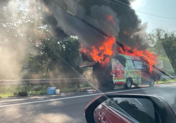 Mobil Isuzu Elf KONI Kota Bekasi Terbakar di Tol Cipularang, Ternyata Sedang Membawa Rombongan Guru