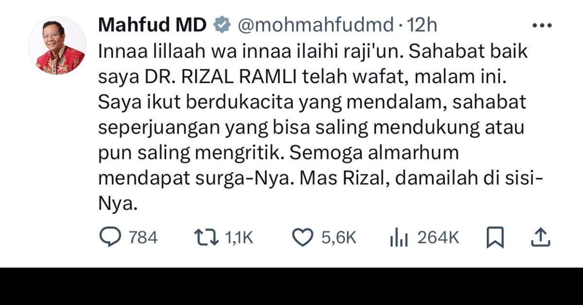 Mahfud MD Kenang Mendiang Rizal Ramli: Sahabat Seperjuangan dan Saling Dukung