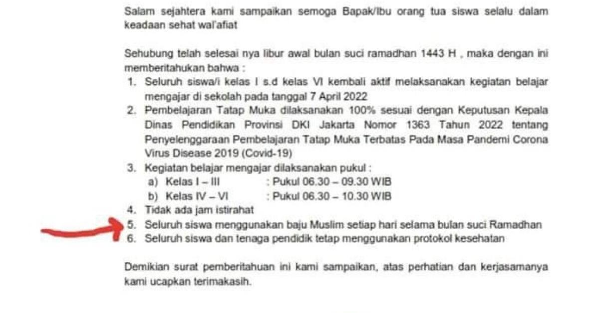 Viral, SDN 02 Cikini Wajibkan Semua Siswa Pakai Busana Muslim, Disdik DKI: Kesalahan Ketik 