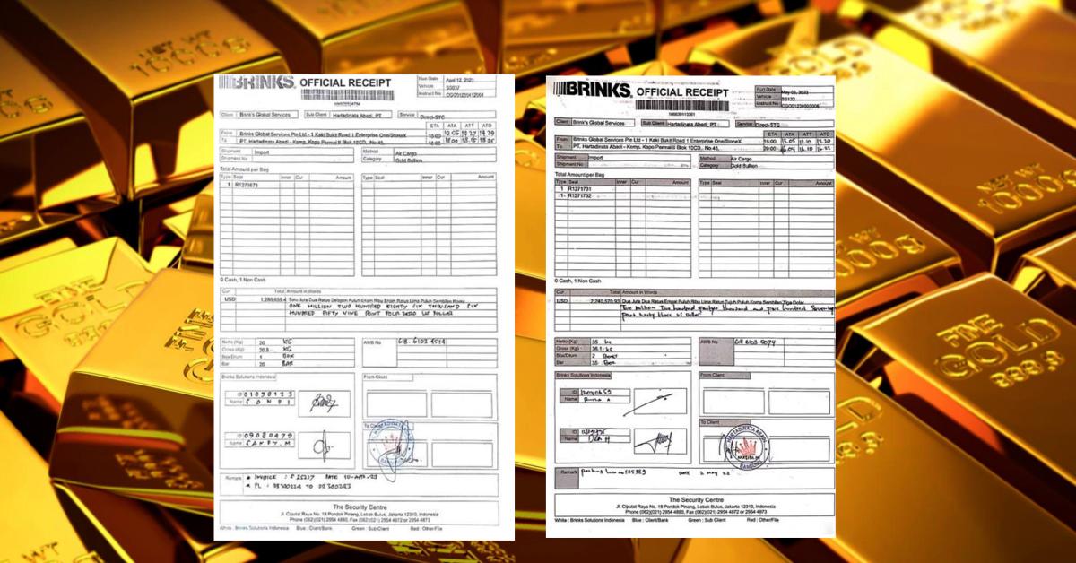 Beredar Official Receipt Brinks Global Services Dugaan Impor Emas Batangan PT Hartadinata Abadi Rp 93.9 Miliar