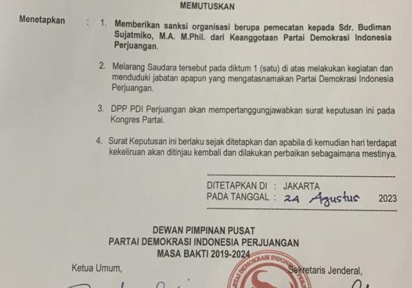 Budiman Sudjatmiko Dipecat PDIP Melalui Sepucuk Surat, Begini Isinya