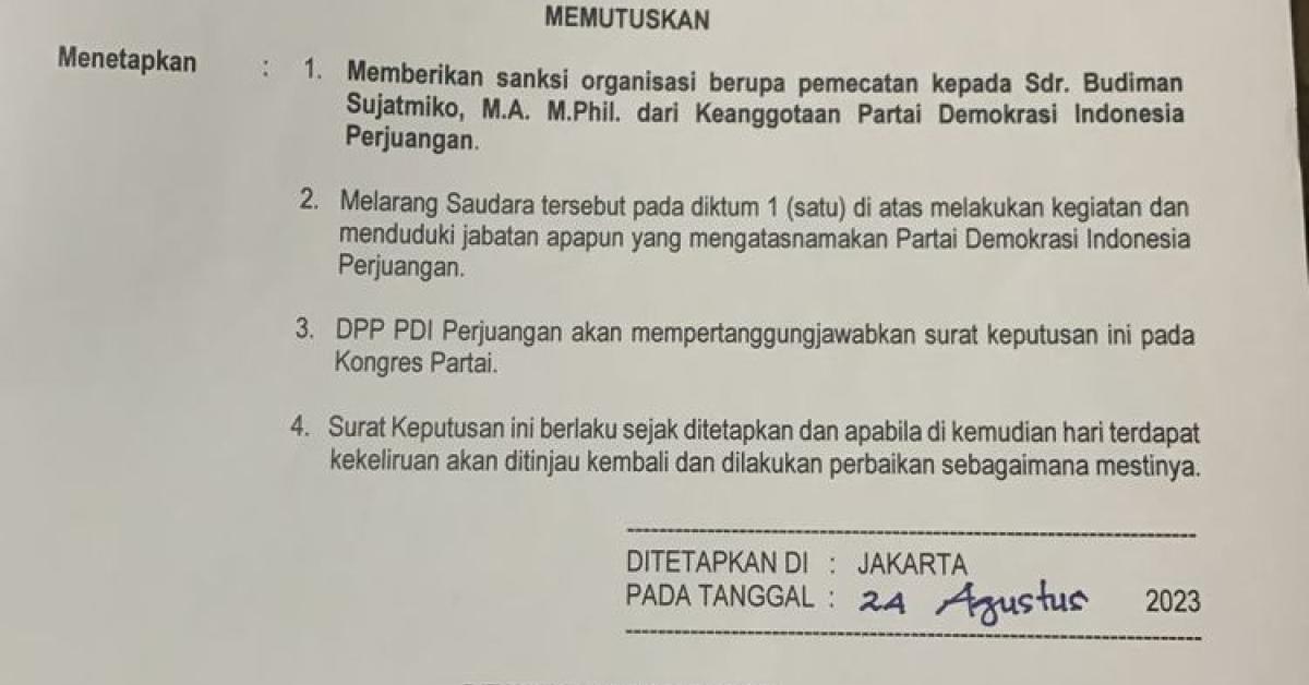 Budiman Sudjatmiko Dipecat PDIP Melalui Sepucuk Surat, Begini Isinya