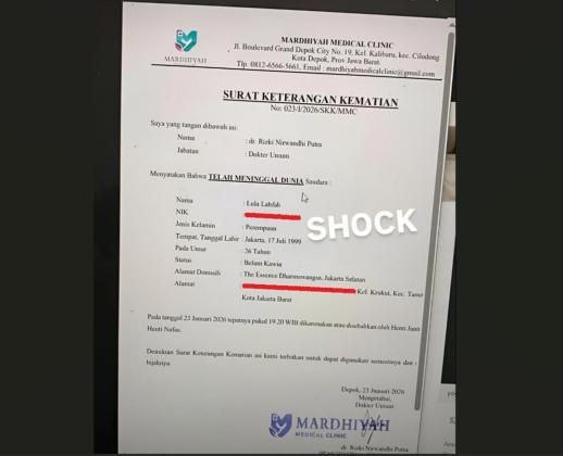 BERLOGO KLINIK MEDIS! Surat Kematian Lula Lahfah Beredar, Begini Reaksi Netizen 