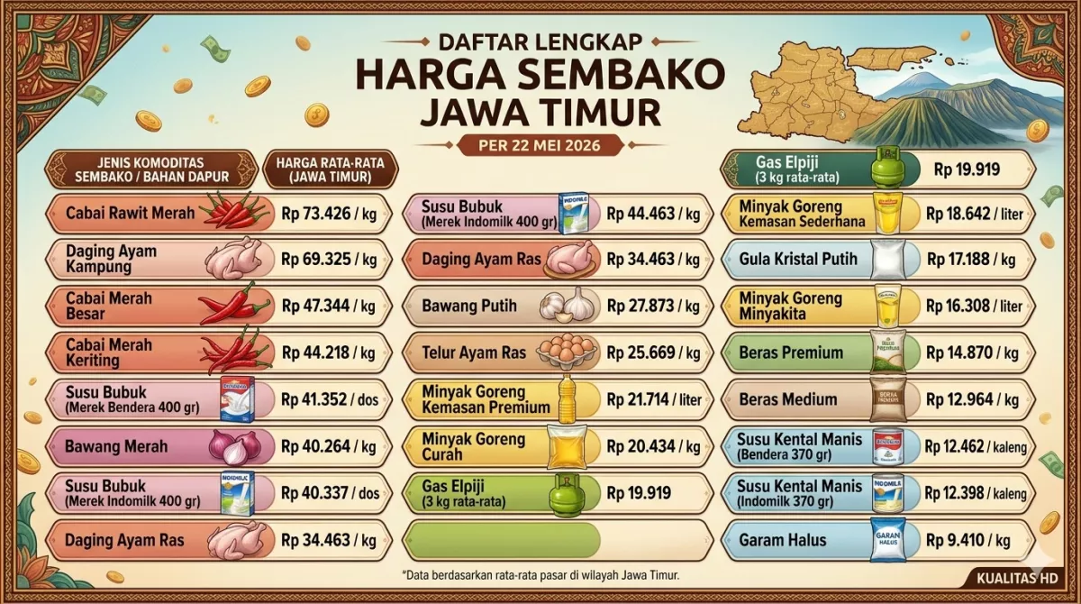 Daftar Harga Sembako Jawa Timur Hari Ini 22 Mei 2026: Cabai Rawit, Minyak Goreng dan Telur Naik