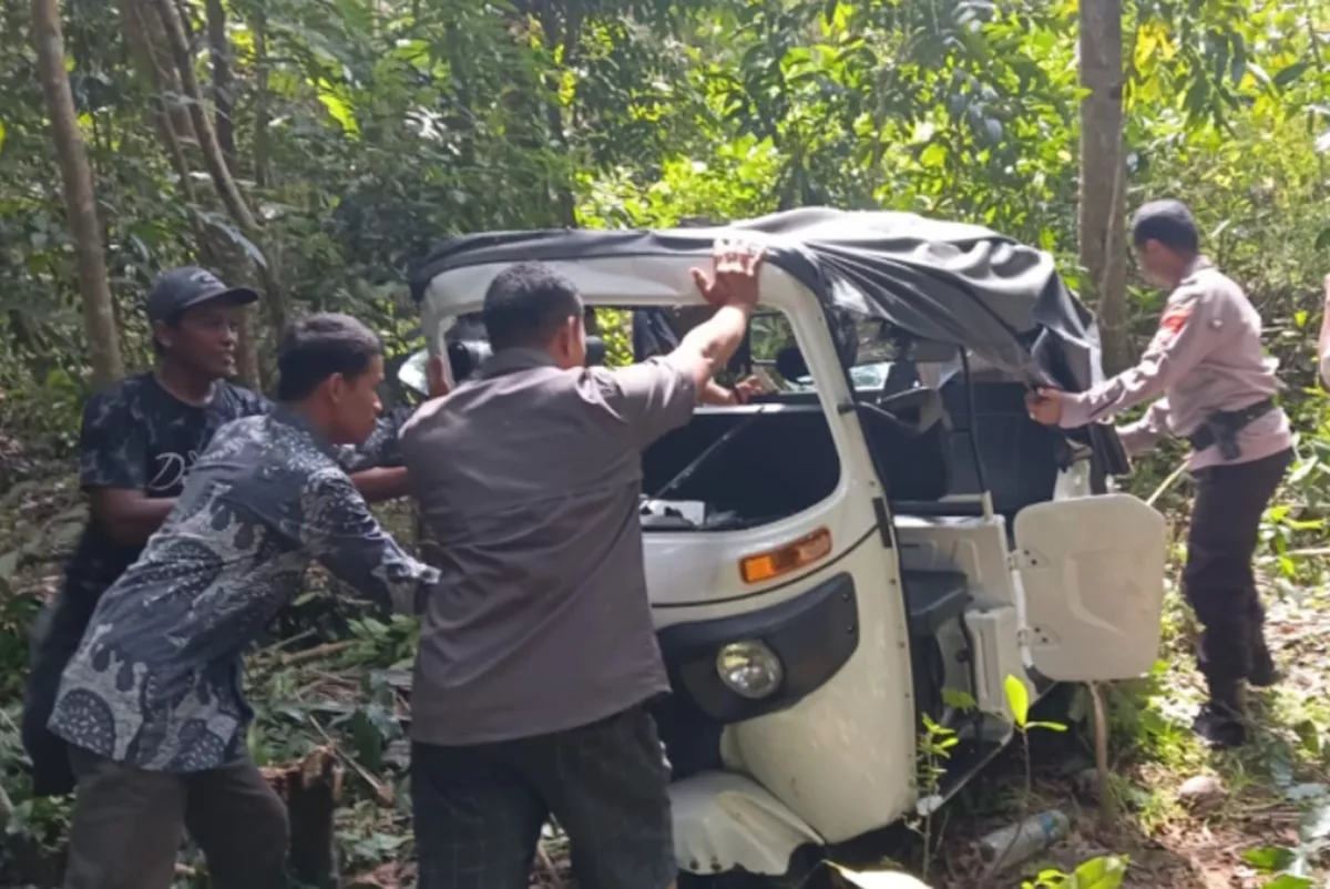 Gagal Menikung di Turunan Tajam Pajangan Bantul, Bajaj Pasutri WNA Australia Nyungsep di Kebun
