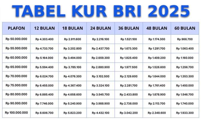 Tabel KUR BRI 2025 Terbaru: Pinjaman Rp100 Juta cicilan Mulai Rp1 Jutaan per Bulan!