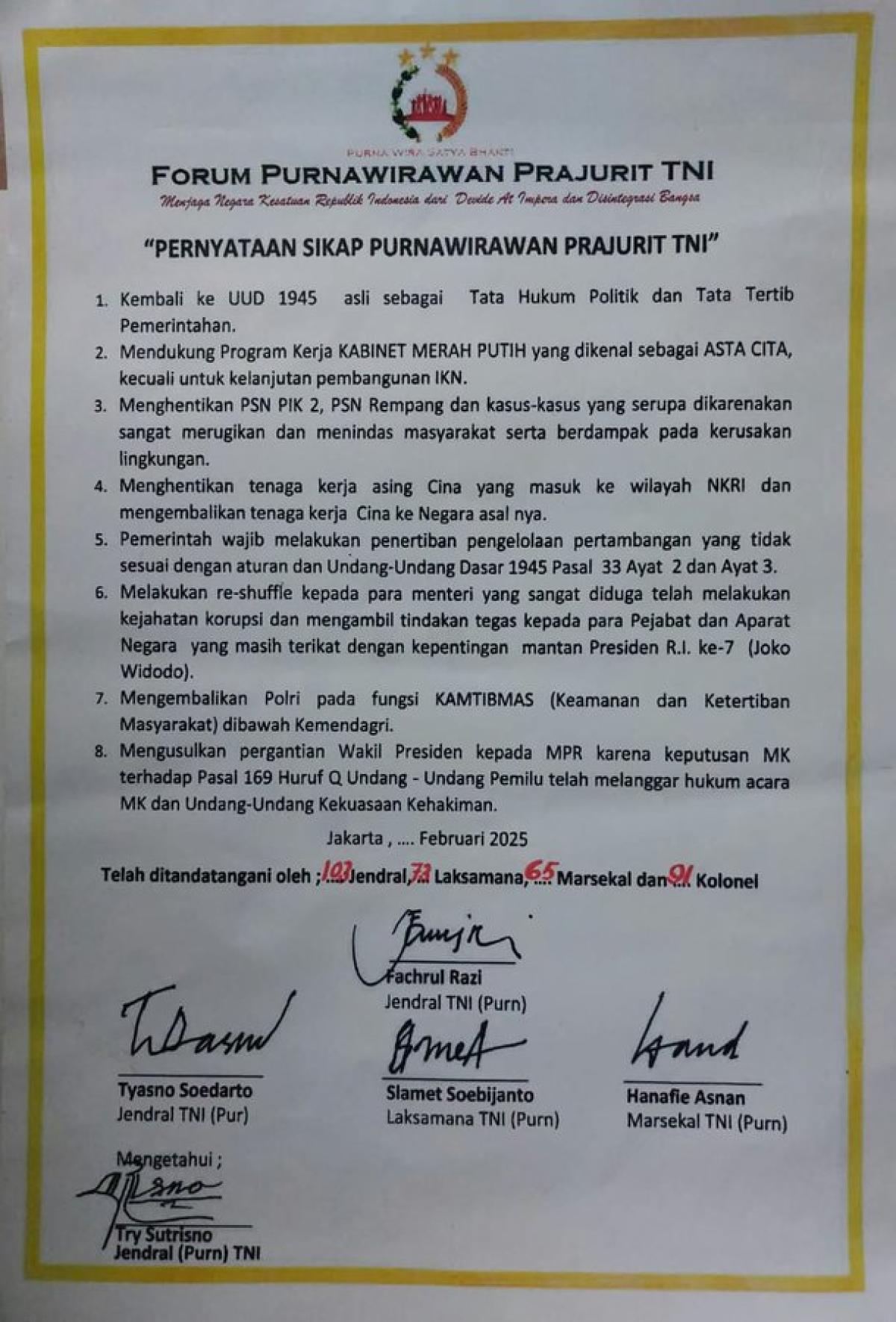 Forum Purnawirawan TNI dari Try Sutrisno hingga Fachrul Razi Tuntut Pemakzulan Wapres Gibran