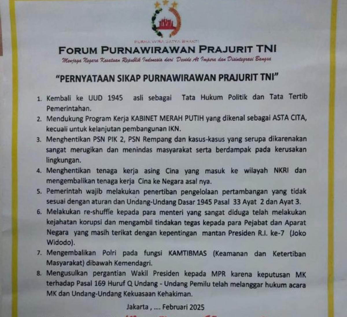 Forum Purnawirawan TNI dari Try Sutrisno hingga Fachrul Razi Tuntut Pemakzulan Wapres Gibran