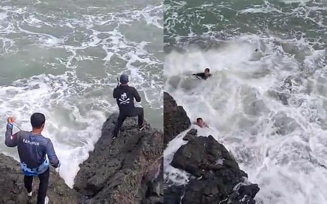 Detik-Detik Menegangkan! Dua Pemancing Ditelan Ombak Ganas di Pantai Sukabumi