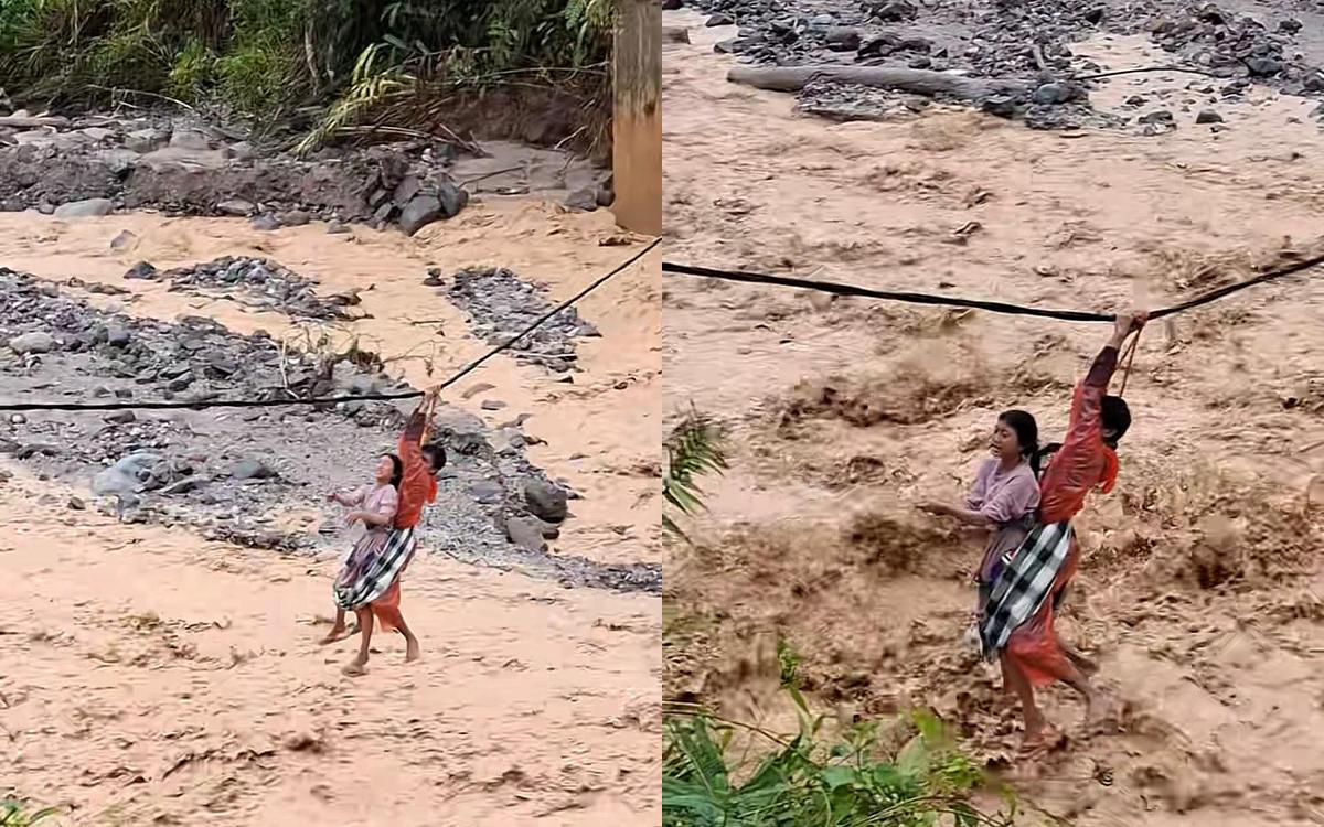 Jembatan Tumbang, Warga Tapanuli Selatan Nekat Seberangi Sungai Hanya Pegangan Kabel Listrik!