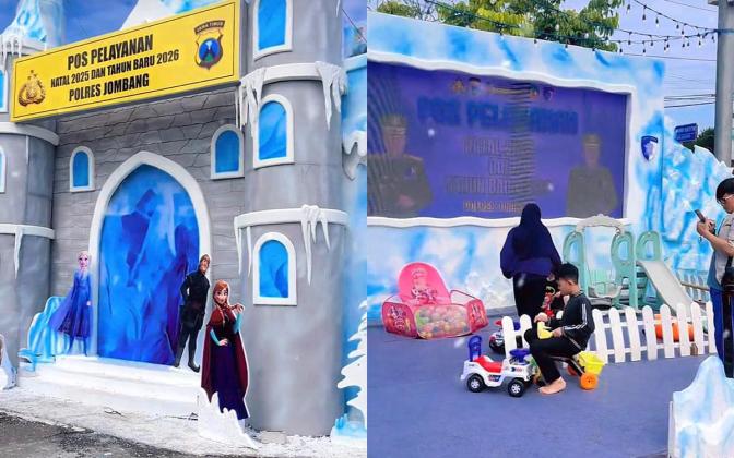 Gak Nyangka! Polres Jombang Sulap Pos Nataru Jadi Kerajaan Frozen, Pemudik Dijamin Gak Mau Pulang