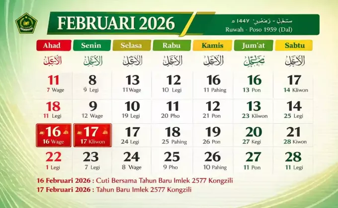 RESMI! Daftar Tanggal Merah Februari 2026, Ada Long Weekend 4 Hari