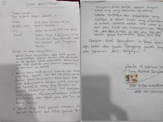 AKBP DIDIK NYABU SEJAK 2019, Surat Tulisan Tangan BEREDAR: Saya Tidak Kenal Ko Erwin