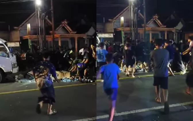 Geger! Truk Susu Terguling di Ponorogo, Ratusan Kemasan Jadi Rebutan Warga