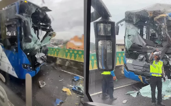 Kecelakaan Transjakarta di Jalur Layang Swadarma, Bagian Depan Bus Ringsek Parah