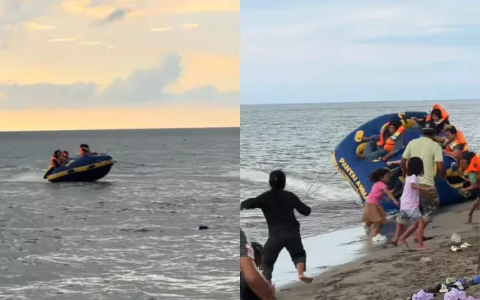 Detik-Detik Wahana Donat Boat Terhempas di Pantai Ammani, Wisatawan Terpental dan Alami Cedera