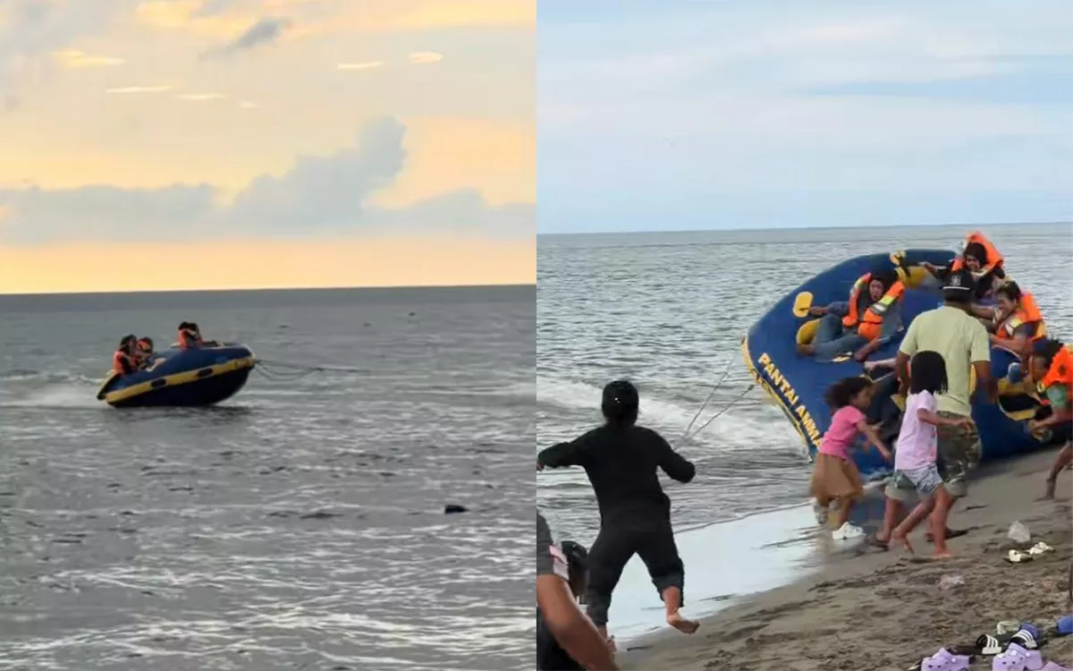 Detik-Detik Wahana Donat Boat Terhempas di Pantai Ammani, Wisatawan Terpental dan Alami Cedera