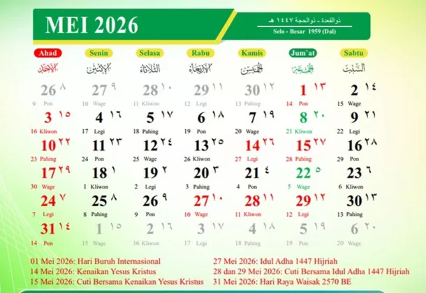 PENUH TANGGAL MERAH: Mei 2026 Penuh LONG WEEKEND, Libur Bisa Sampai 6 Hari
