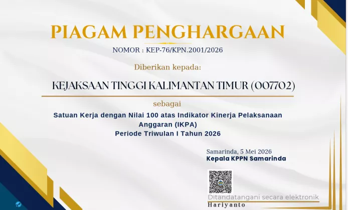 Dapat Nilai 100 Capaian IKPA, Kejati Kaltim Raih Penghargaan Terbaik Dari KPPN Samarinda