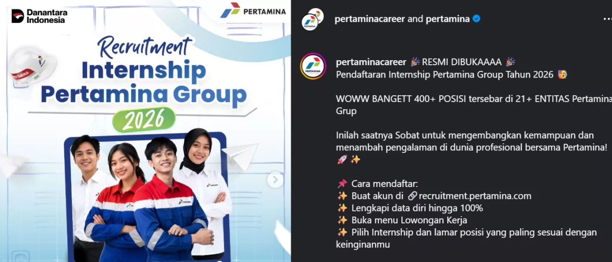 Cara Daftar Rekrutmen Magang Pertamina 2026, Tersedia 400 Posisi di 21 Perusahaan Grup