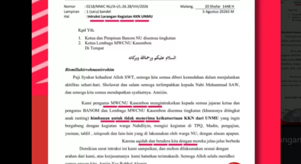 MIRIS! Alasan Beda Aqidah, MWCNU Kasembon Larang Warga Terima Mahasiswa KKN Muhammadiyah