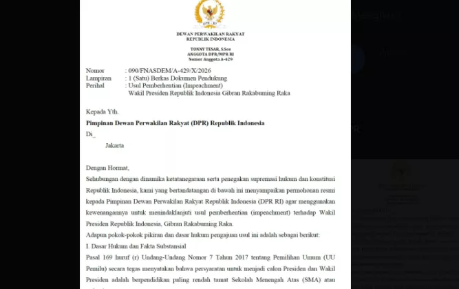 Beredar Surat Usulan Pemberhentian Gibran Melalui DPR dari Fraksi NasDem
