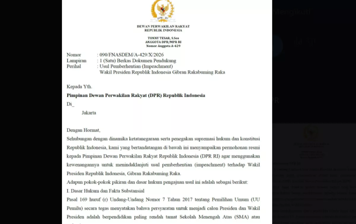 Beredar Surat Usulan Pemberhentian Gibran Melalui DPR dari Fraksi NasDem