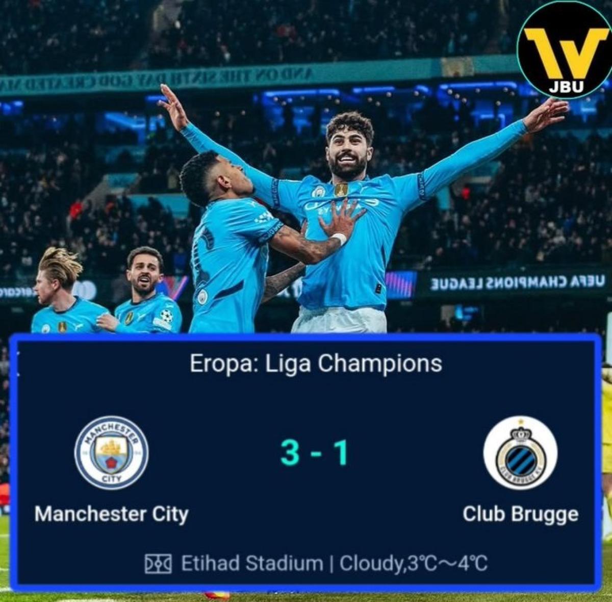 Manchester City Menang Telak 3-1 atas Club Brugge, Amankan Tempat di Babak Play-Off Liga Champions