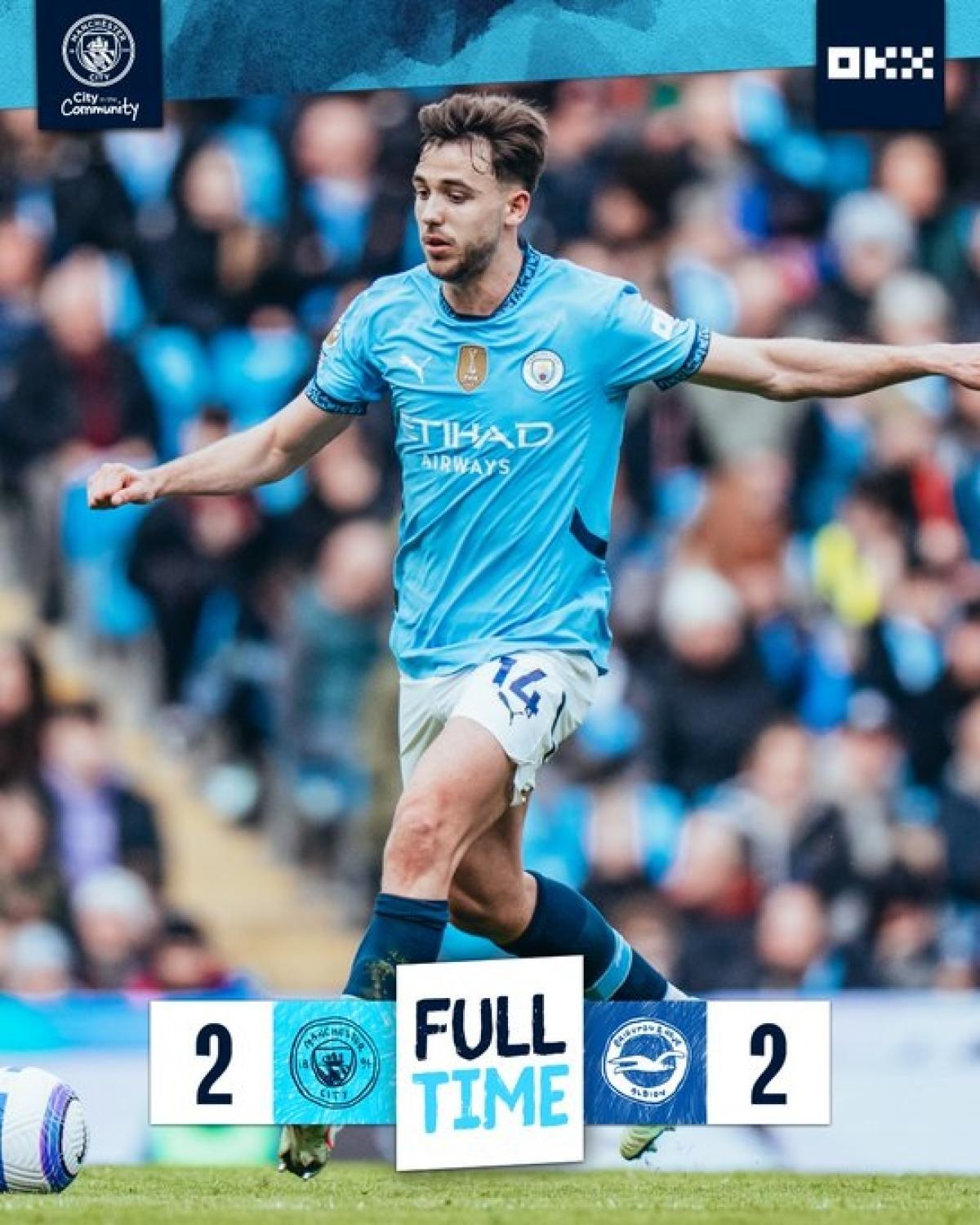 Hasil Liga Premier Inggris: Manchester City Ditahan Brighton 2-2 di Etihad