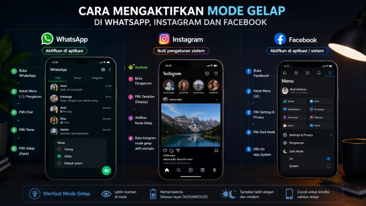 Cara Mengaktifkan Mode Gelap di WhatsApp, Instagram dan Facebook