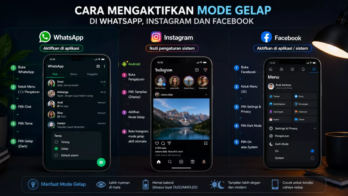 Cara Mengaktifkan Mode Gelap di WhatsApp, Instagram dan Facebook