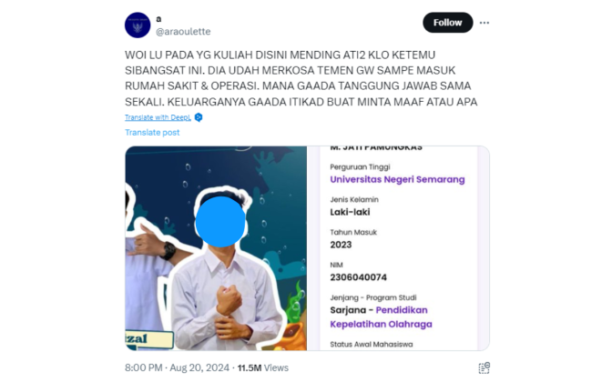 Viral di X Mahasiswa FIK Unnes Diduga Lakukan Rudapaksa, Pihak Kampus Buka Suara