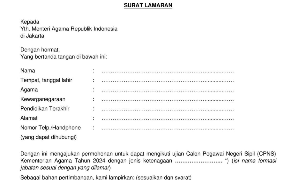 Link Format Surat Lamaran CPNS Kemenag 2024, Lengkap dengan Persyaratannya