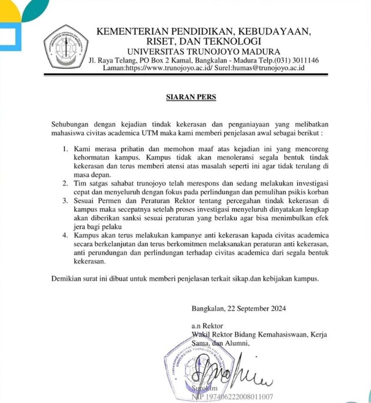 Universitas Trunojoyo Madura Buka Suara soal Viral Kasus Mahasiswa Aniaya Pacar