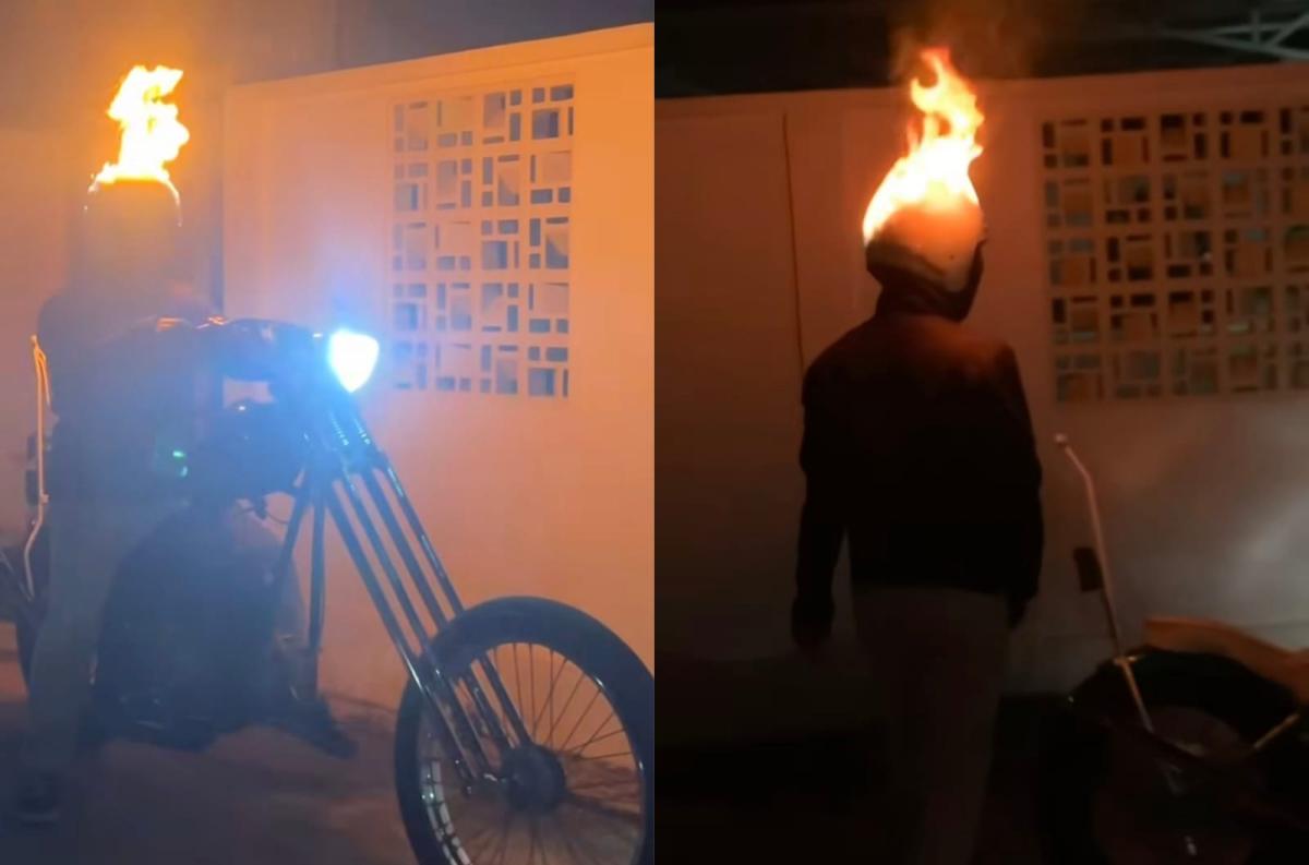 Layaknya Film Ghost Rider, Pria Ini Kendarai Motor Choper dengan Helm Menyala Api