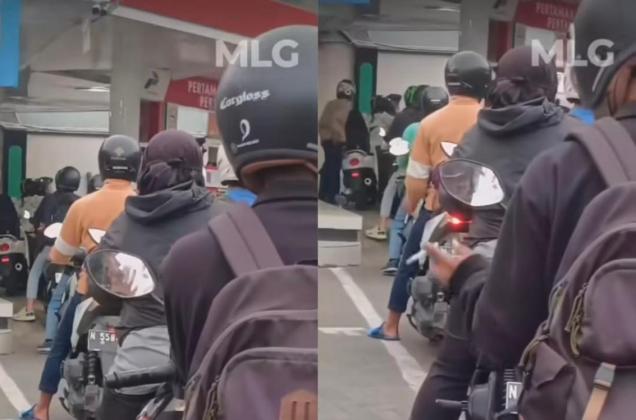 Viral Pengendara Motor Asik Merokok Saat Mengantri Isi Bahan Bakar di Area SPBU