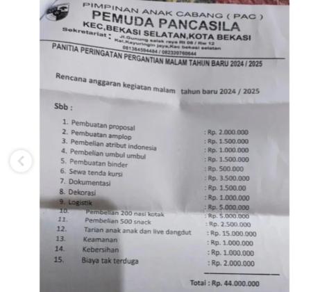 Viral, Proposal Anggaran Perayaan Malam Tahun Baru Ormas Pemuda Pancasila Capai Rp44...