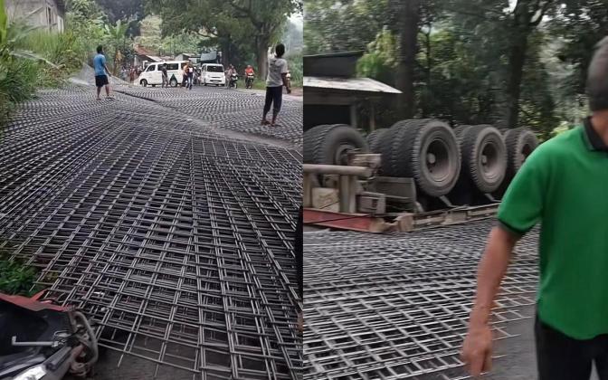 Truk Bermuatan Wiremesh Terguling di Jalur Gentong, Dua Motor Tertimpa 