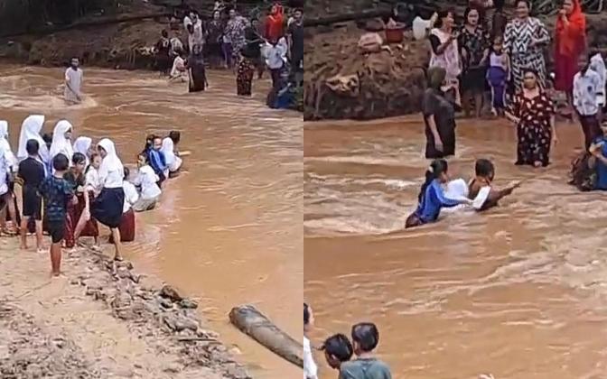 Anak Sekolah di Pandeglang Harus Menyeberangi Sungai Setiap Hari Karena Jembatan Putus