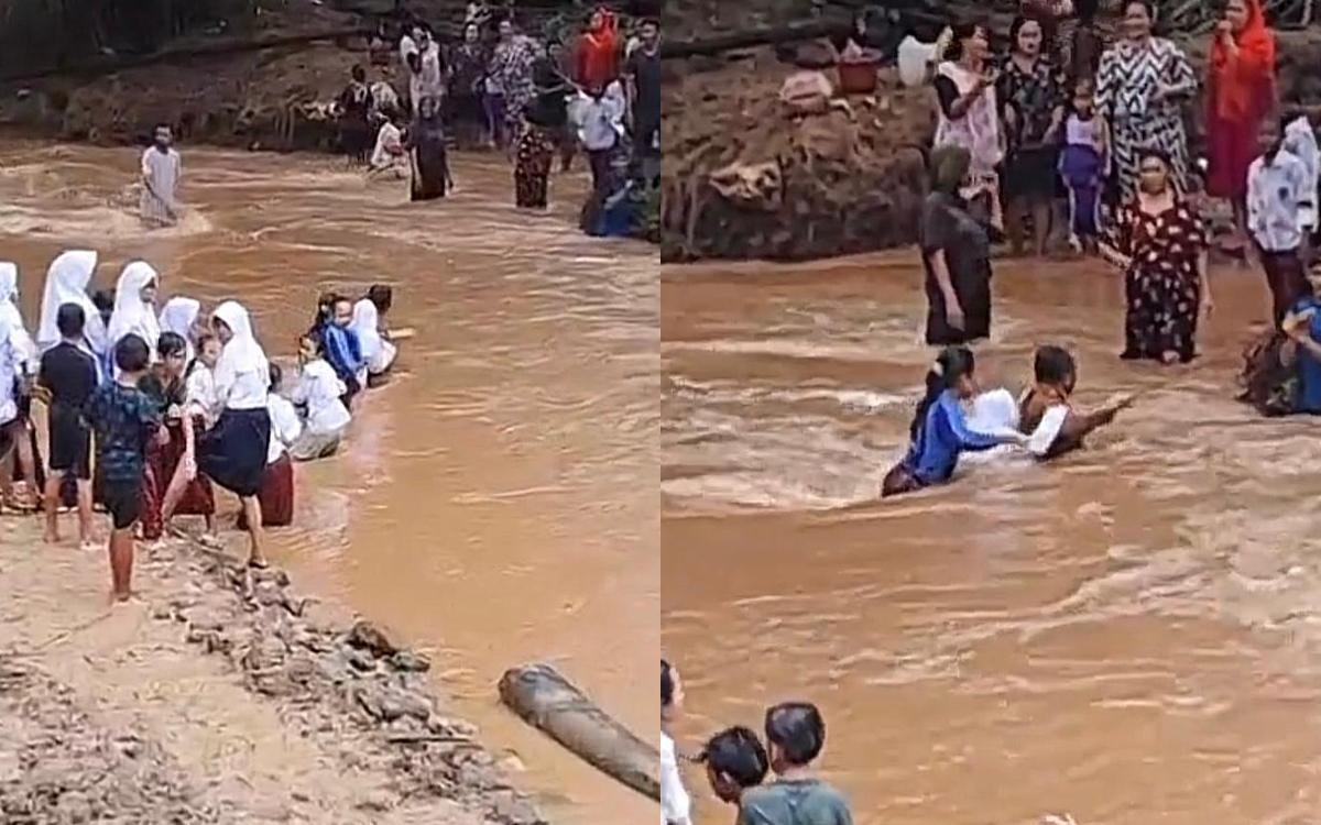 Anak Sekolah di Pandeglang Harus Menyeberangi Sungai Setiap Hari Karena Jembatan Putus