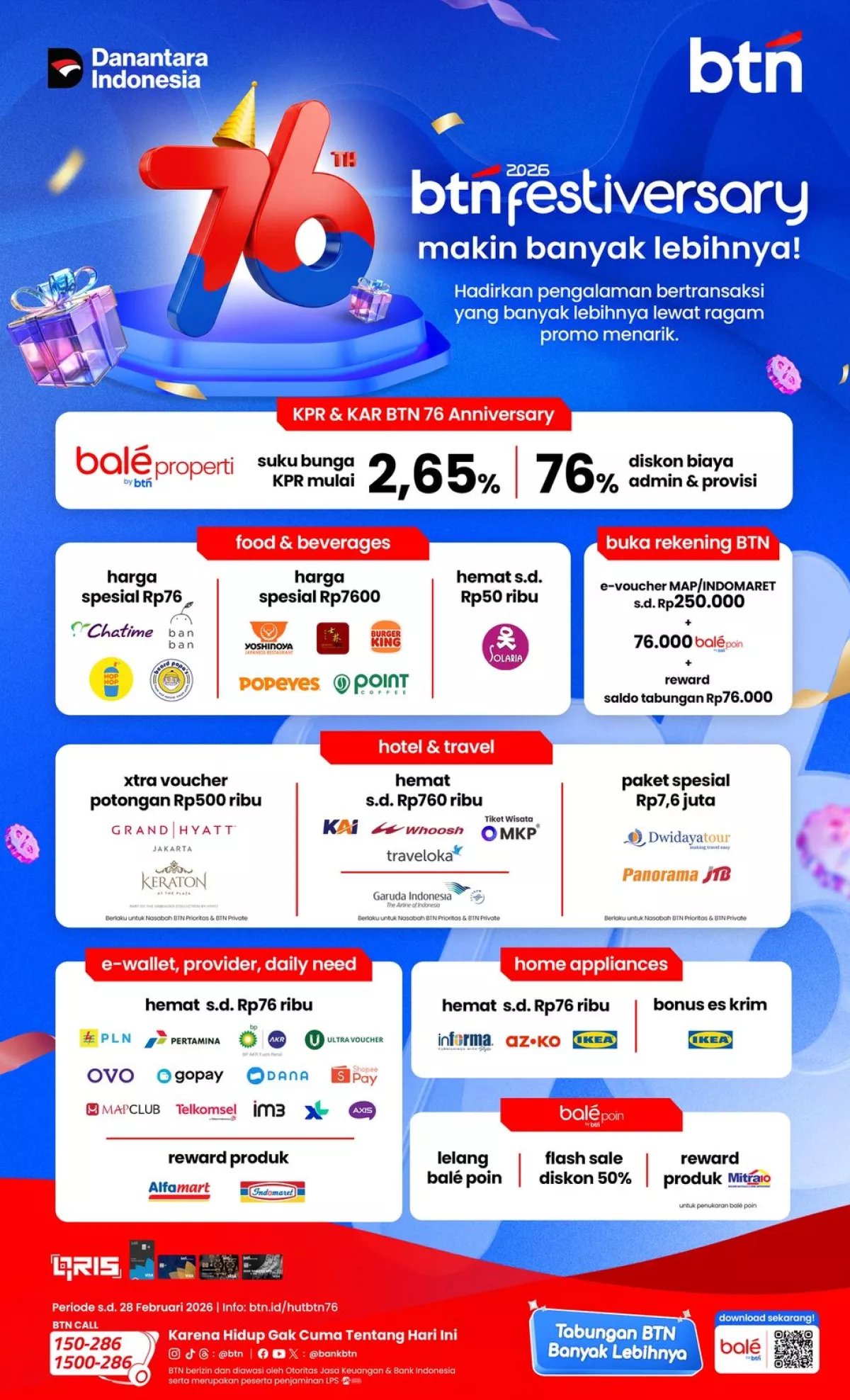 HUT BTN ke-76, BTN Festiversary 2026 Berikan Suku Bunga KPR 2,65% dan Ragam Promo Spesial